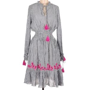 Hemant & Nandita Blue & White Striped Long sleeve Smocked waist Tassle Dress M